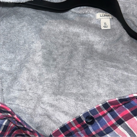 LL BEAN Fleece Lined hooded Flannel Shirt shacket Women XL Plaid Button Up Pink - Picture 2 of 4